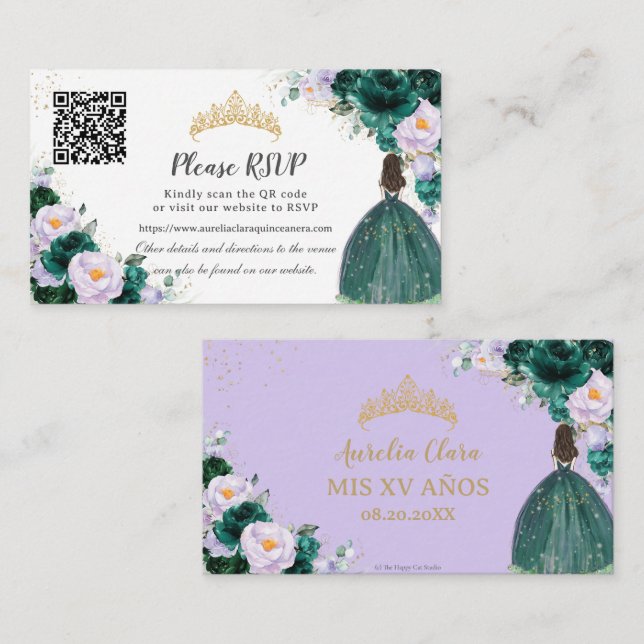 Tarjeta De Recepción Código QR de floral de púrpura verde esmeralda (Anverso / Reverso)