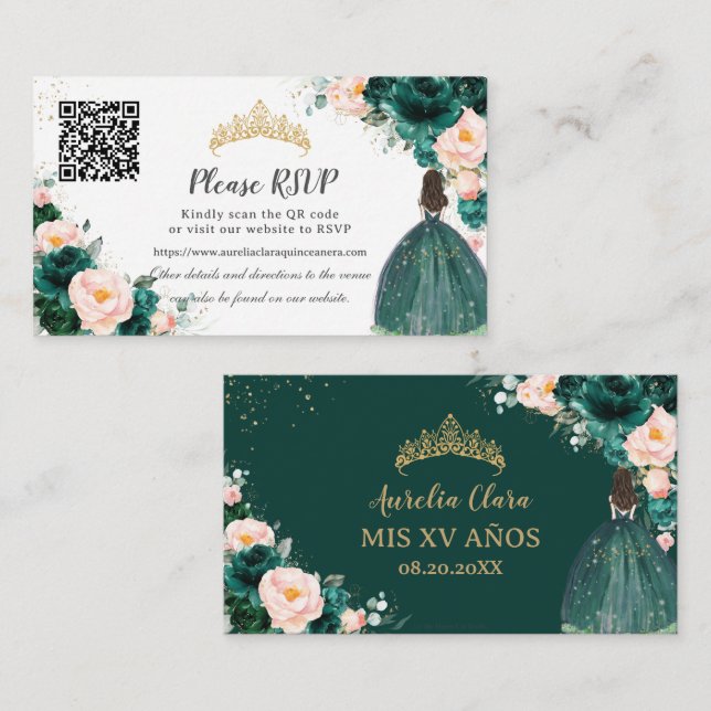 Tarjeta De Recepción Código QR de floral de Rubor verde esmeralda Quinc (Anverso / Reverso)
