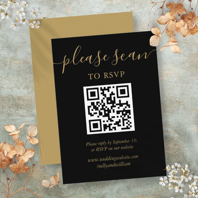 Tarjeta De Recepción Código QR de guión negro y dorado RSVP (Black And Gold Script RSVP QR Code Enclosure Card)
