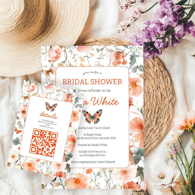 Tarjeta De Recepción Código QR de la Ducha de Novia de Acuarela del Pra (Butterfly Meadow Watercolor Bridal Shower CUSTOM Enclosure Card
)