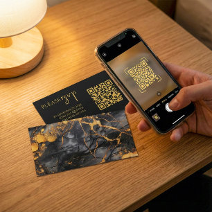 Tarjeta De Recepción Código QR de mármol negro y dorado para bodas RSVP