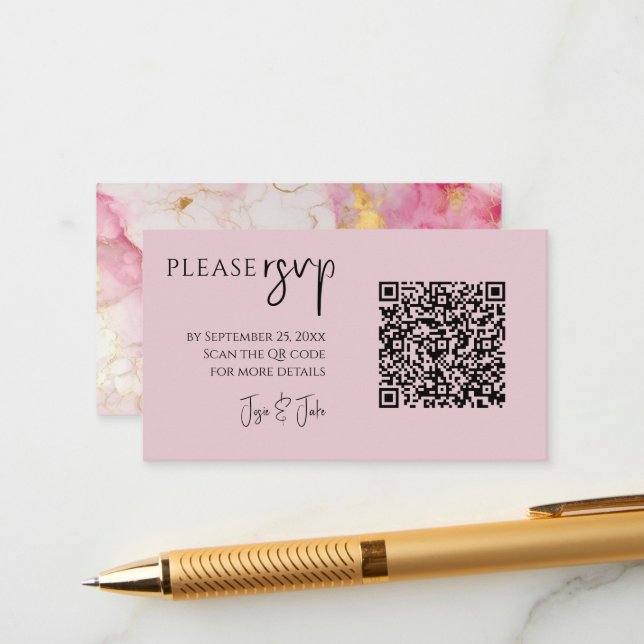 Tarjeta De Recepción Código QR de mármol rosa y dorado para bodas RSVP (Anverso/Reverso In Situ)
