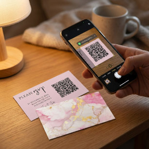 Tarjeta De Recepción Código QR de mármol rosa y dorado para bodas RSVP