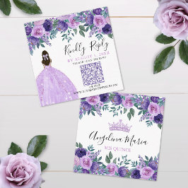 Tarjeta De Recepción Código QR de Quinceanera con Flor Púrpura RSVP