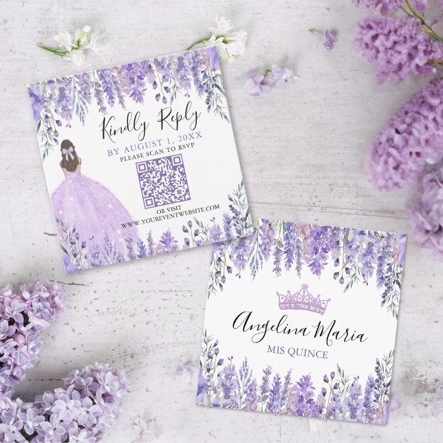 Tarjeta De Recepción Código QR de Quinceanera Floral de Lavanda Púrpura (Purple Lavender Floral Quinceanera QR Code RSVP Enclosure Card)