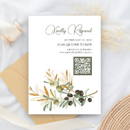 Tarjeta De Recepción Código QR de Rama Dorada de Hojas de Olivo RSVP Bo