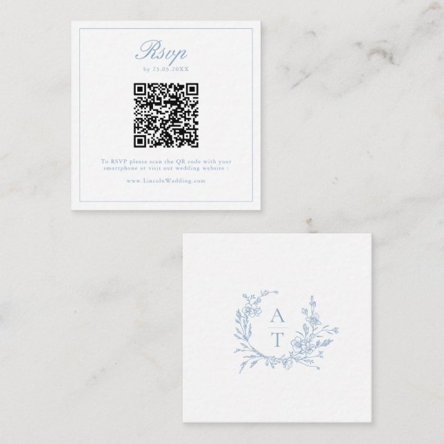 Tarjeta De Recepción Código QR de respuesta de boda con cresta de flor  (Anverso / Reverso)