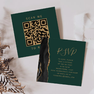Tarjeta De Recepción Código QR de respuesta de boda de ágata verde oro 