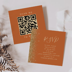 Tarjeta De Recepción Código QR de respuesta de boda de oro naranja quem