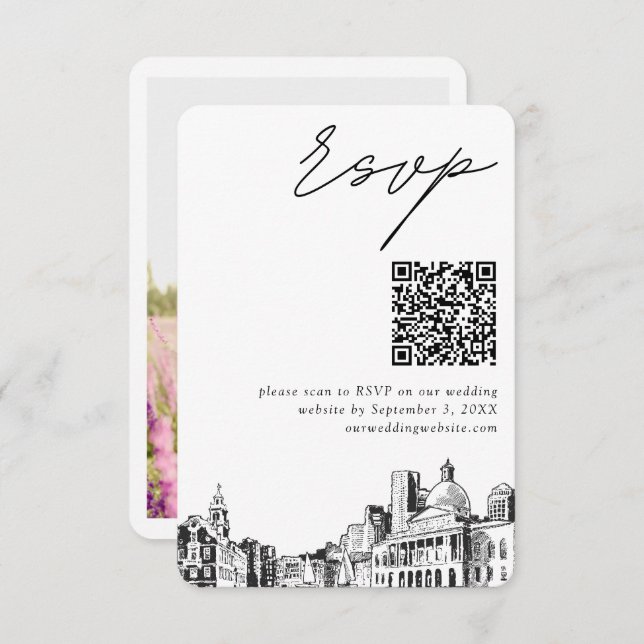 Tarjeta De Recepción Código QR de respuesta de boda moderna en Boston (Anverso / Reverso)