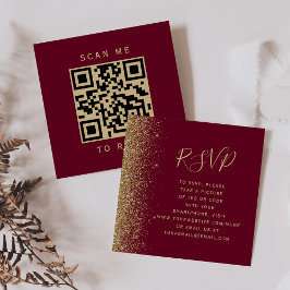 Tarjeta De Recepción Código QR de respuesta de boda roja borgoña dorada