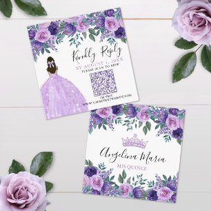 Tarjeta De Recepción Código QR de respuesta para Quinceañera floral púr
