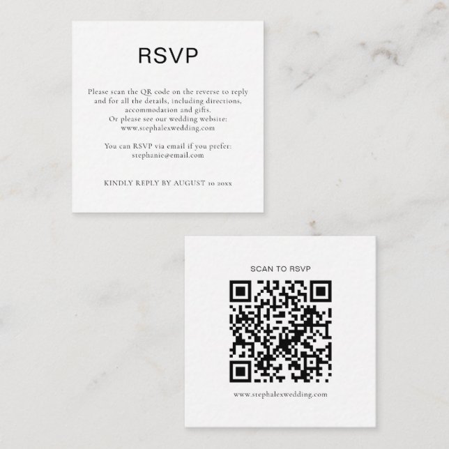 Tarjeta De Recepción Código QR de respuesta RSVP simple en texto blanco (Anverso / Reverso)
