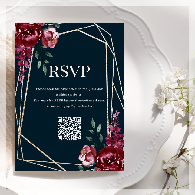 Tarjeta De Recepción Código QR de RSVP | Azul Marino | Floral Burgundy (Subido por el creador)