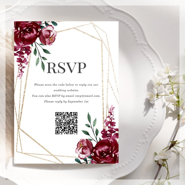 Tarjeta De Recepción Código QR de RSVP | Borgoña | Marsala Red Floral (Subido por el creador)