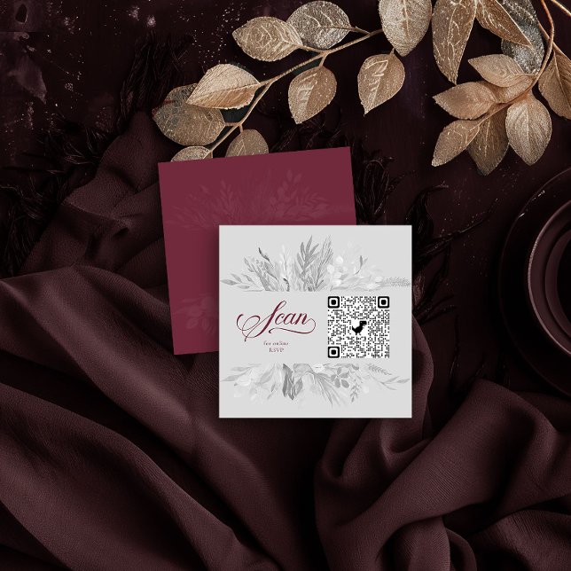 Tarjeta De Recepción Código QR de RSVP Botánico Gris Borgoña en línea (Website QR Code Insert Card in Burgundy and Grey from the Foliage Duet Collection by Darling & May)