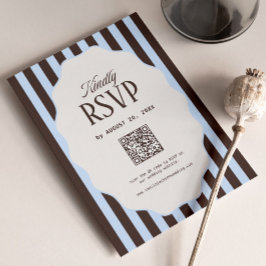 Tarjeta De Recepción Código QR de RSVP de boda a rayas retro azul y mar