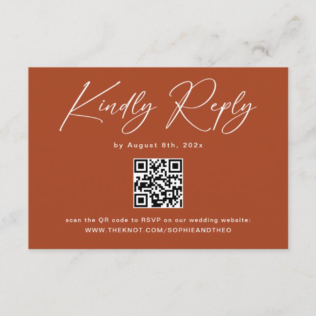 Tarjeta De Recepción Código QR de RSVP de boda de terracota boho (Anverso)