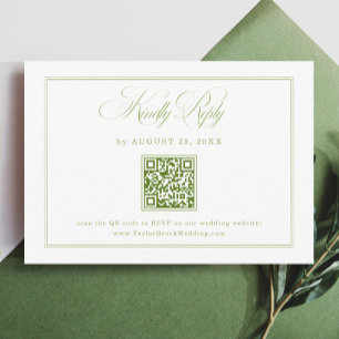 Tarjeta De Recepción Código QR de RSVP de Boda Elegante Blanco y Verde 