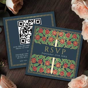 Tarjeta De Recepción Código QR de RSVP de boda floral dorada gris real 