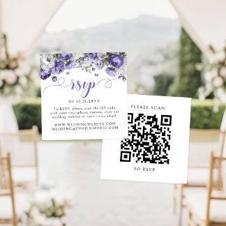 Tarjeta De Recepción Código QR de RSVP de boda floral púrpura