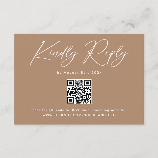 Tarjeta De Recepción Código QR de RSVP de boda marrón taupe boho (Anverso)
