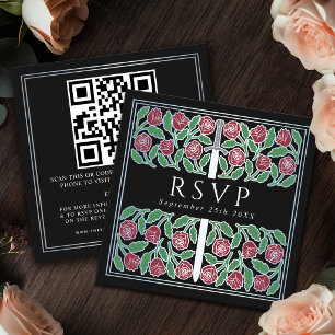 Tarjeta De Recepción Código QR de RSVP de Boda Real Floral de Plata Neg