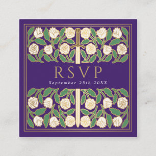 Tarjeta De Recepción Código QR de RSVP de boda real floral oro púrpura