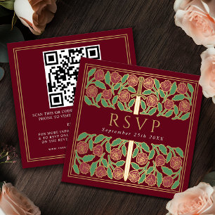 Tarjeta De Recepción Código QR de RSVP de Boda Real Floral Oro Rojo 
