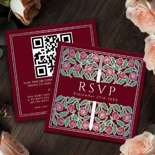 Tarjeta De Recepción Código QR de RSVP de Boda Real Floral Plata Roja 