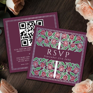 Tarjeta De Recepción Código QR de RSVP de Boda Real Floral Plateado Mal