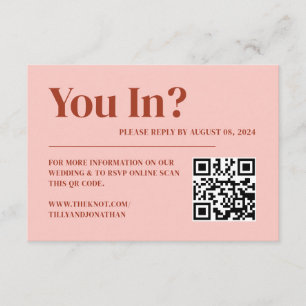 Tarjeta De Recepción Código QR de RSVP de boda Retro Rojo y Rosa