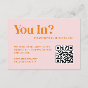 Tarjeta De Recepción Código QR de RSVP de Boda Retro Rosa y Naranja