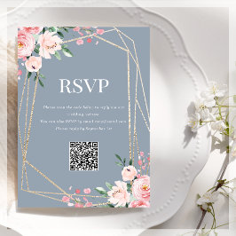 Tarjeta De Recepción Código QR de RSVP | Floral Beige Azul Polvo