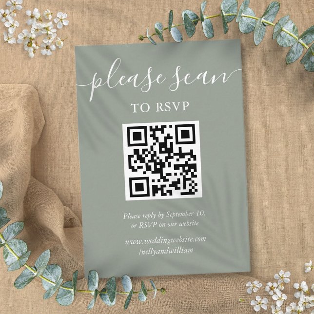 Tarjeta De Recepción Código QR de Sage Green Script Wedding RSVP (Sage Green Script Wedding RSVP QR Code Enclosure Card)