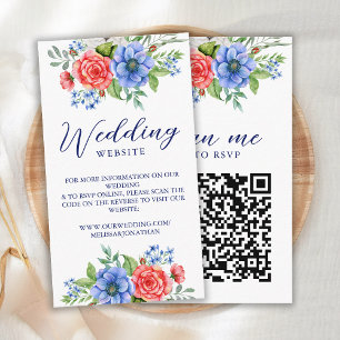 Tarjeta De Recepción Código QR del Boda azul blanco rojo floral patriót