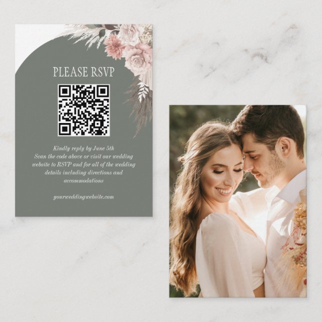 Tarjeta De Recepción Código QR del Boda de Masas Grasas Boho Pampas (Anverso / Reverso)