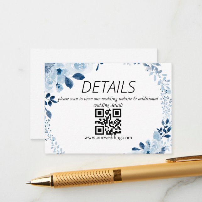 Tarjeta De Recepción Código QR del Boda floral floral francés azul mode (Anverso/Reverso In Situ)