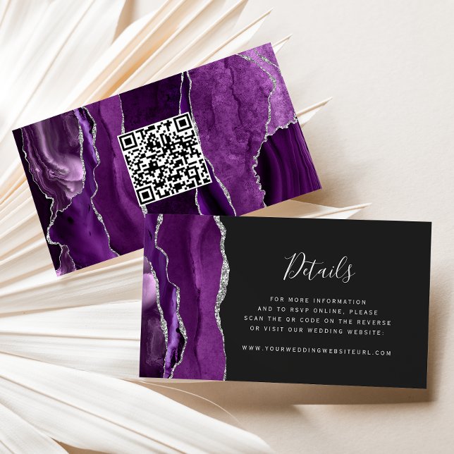 Tarjeta De Recepción Código QR del Boda oscuro del Agate de Plata Púrpu (Subido por el creador)