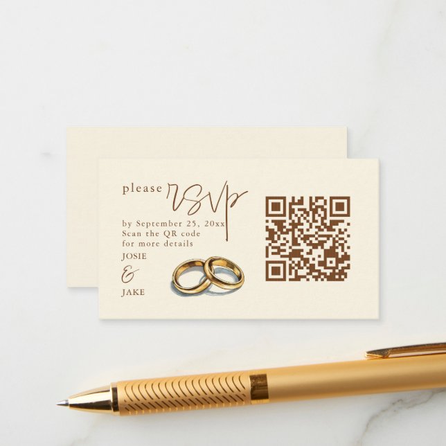 Tarjeta De Recepción Código QR del Ilustracion de anillos de Boda dorad (Anverso/Reverso In Situ)