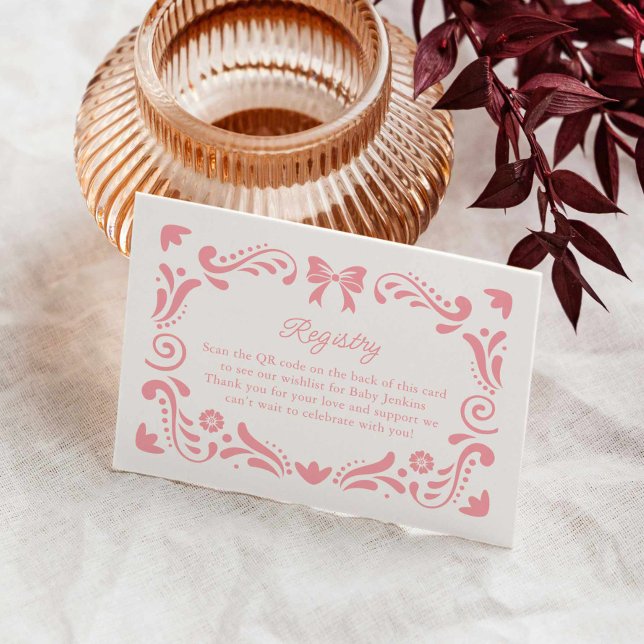 Tarjeta De Recepción Código QR del Registro Baby Shower del Papel Rosa  (Girl Fiesta Baby Shower Registry Card)