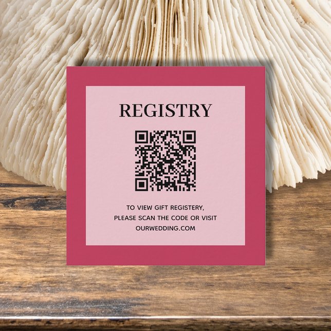 Tarjeta De Recepción Código QR del registro de boda magenta (Magneta wedding or bridal shower registry enclosure card with QR Code - 2.5" x 2.5")