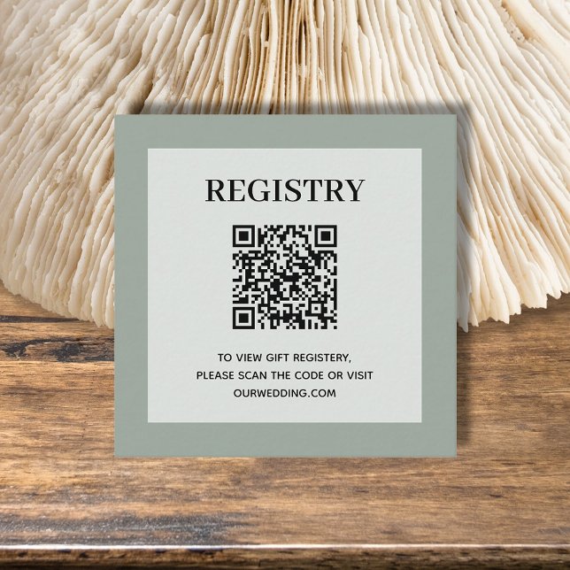 Tarjeta De Recepción Código QR del Registro de Boda Verde Sage (Sage green wedding or bridal shower registry enclosure card with QR Code - 2.5" x 2.5")