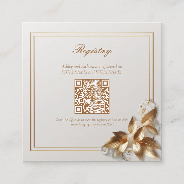 Tarjeta De Recepción Código QR del registro de bodas botánico dorado (Anverso)
