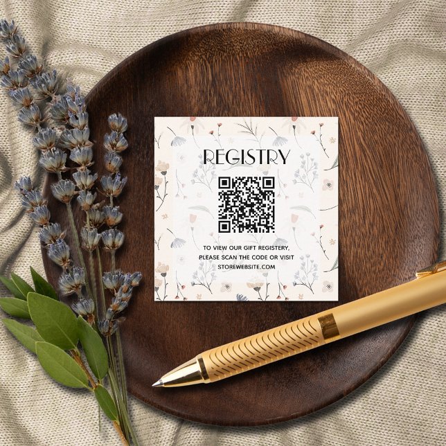 Tarjeta De Recepción Código QR del Registro de Flores Silvestres de Bab (Wildflowers on Ivory Baby Shower Registry QR Code Enclosure Cards)