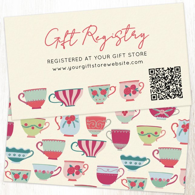 Tarjeta De Recepción Código QR del registro de regalos de la ducha de n (Teacup tea party themed gift registry enclosure card with QR code)