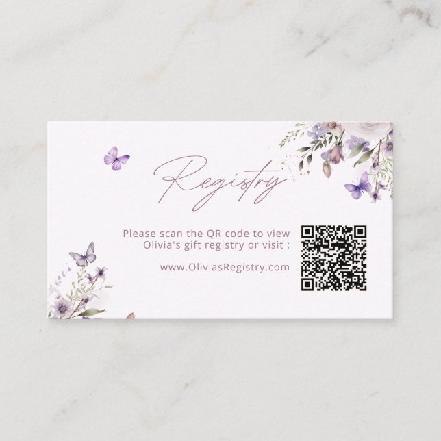Tarjeta De Recepción Código QR del Registro Floral de Mariposa Púrpura (Anverso)