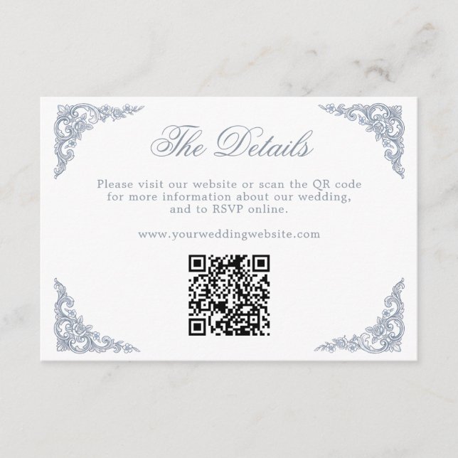 Tarjeta De Recepción Código QR del sitio web de boda de azul polvorient (Anverso)
