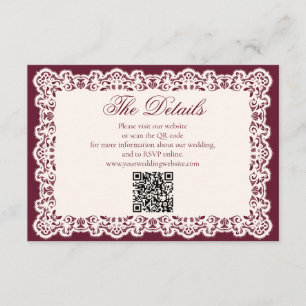 Tarjeta De Recepción Código QR del sitio web de boda de encaje borgoña