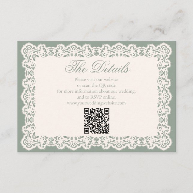 Tarjeta De Recepción Código QR del sitio web de boda de encaje verde sa (Anverso)